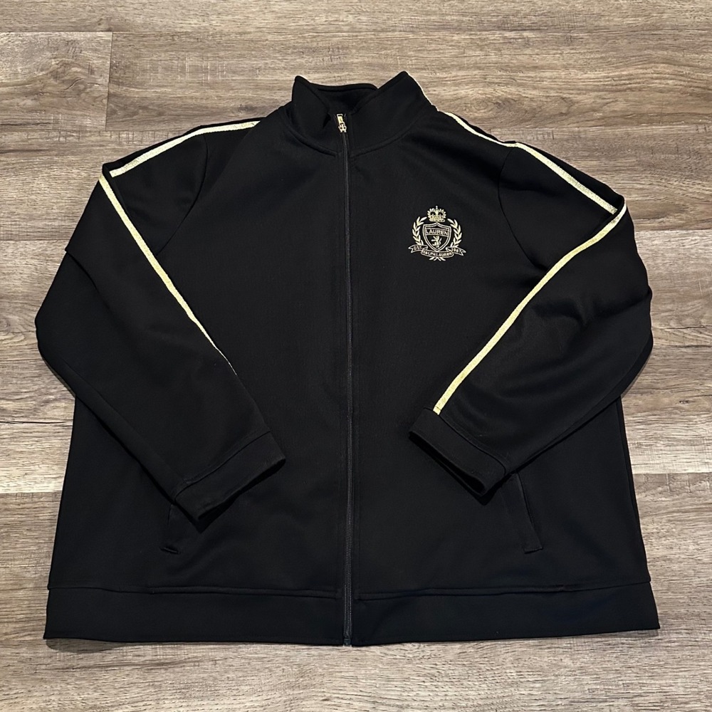 Lauren Active Ralph Lauren Track Jacket Womens 2X Black Gold Full Zip Crest Flaw